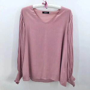 Women's Romantic Blouse 2X Rose Pink Pleated Bishop Sleeve Lined V-Neck Coquette